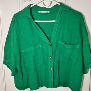 Zara Vibrant Green Cropped Linen Top